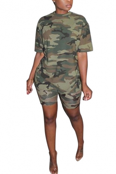 Basic Co-ords Womens Camo Pattern Short Sleeve Round Neck T-Shirt Loose Fitted Shorts Set