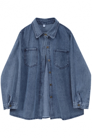 Basic Denim Jacket Womens Faded Wash Chest Pockets Button down Loose Fit Spread Collar Long Sleeve Shirt Jacket