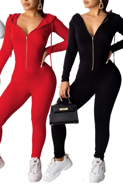 Basic Jumpsuit Womens Solid Color Drawstring Zipper Front Hooded Slim Fitted Long Sleeve Jumpsuit