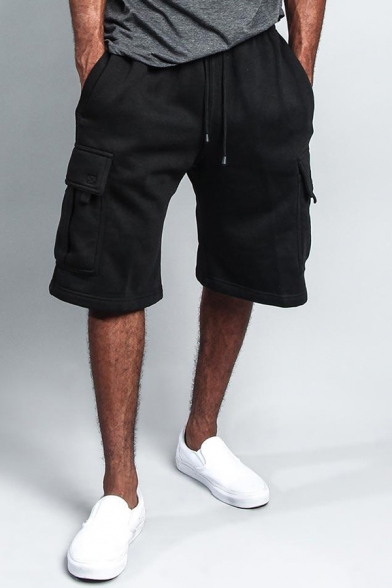 Basic Mens Shorts Plain Flap Pockets Drawstring Waist Straight Shorts