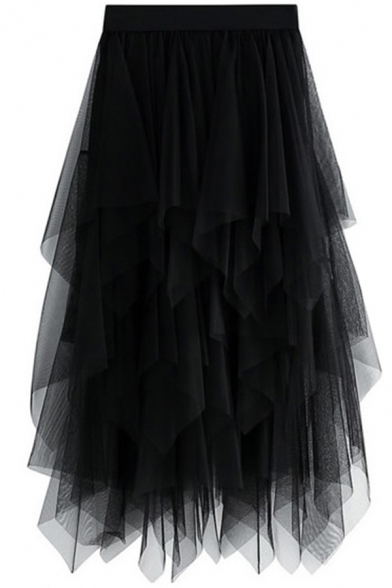 Basic Tulle Skirt Womens Solid Color Asymmetric Layered Hem A-Line Elastic High Rise Midi Skirt