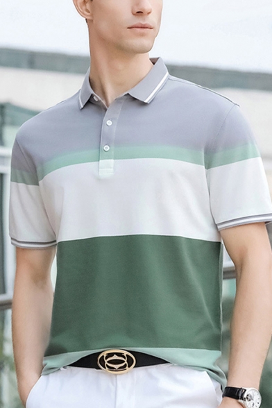 Chic Mens Polo Shirt Contrast Turn-down Collar Button Detail Short Sleeve Slim Fit Polo Shirt