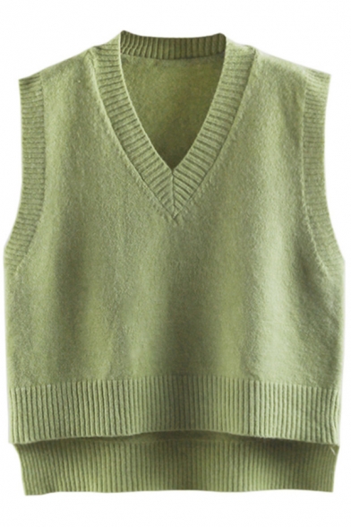 Chic Womens Sweater Vest Solid Color Split Side Rib Trim Relaxed Fit Sleeveless V Neck Sweater Vest