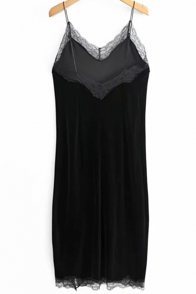Classic Womens Dress Lace Trim Split Detail Spaghetti Strap Midi Slip Dress in Black