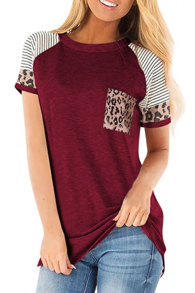 Leisure Womens T Shirt Stripe Leopard Print Short Sleeve Round Neck Loose T Shirt