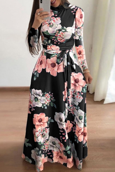 Popular Womens Dress Flower Print Short Sleeve Mock Neck Bow-tied Waist Mid A-line Dress