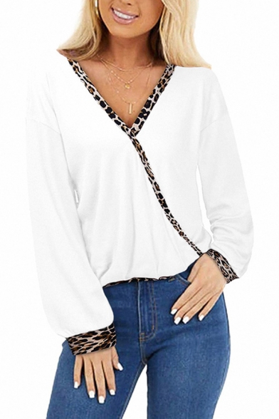 Simple Womens Tee Top Solid Color Leopard Trim Blouson Sleeve Surplice Neck Loose Tee Top