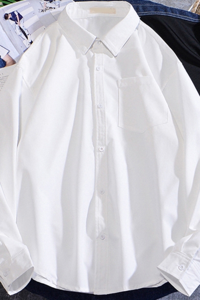 Stylish Shirt Plain Long Sleeve Point Collar Button Up Chest Pocket Loose Fit Shirt for Boys