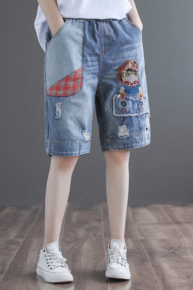 Trendy Girls Shorts Denim Bleach Cartoon Embroidered Elastic Waist Relaxed Fit Shorts in Blue