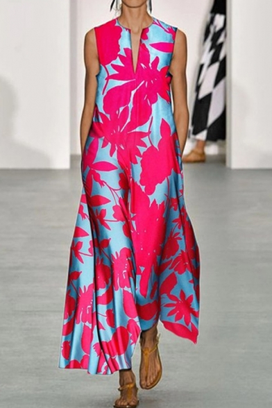 Trendy Womens Dress Flower Allover Print Sleeveless V-neck Long Swing Dress