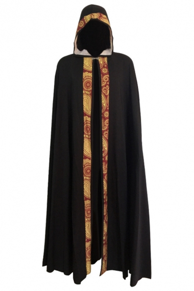 Tribal Cloak Contrast Trim Pleated Button Detailed Open Front Full Length Loose Fitted Hooded Cloak for Men