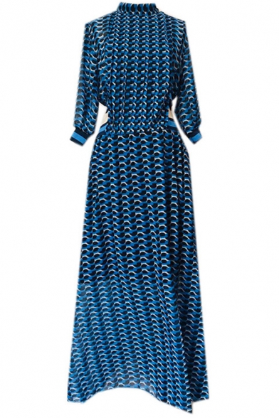 Unique Ladies Dress Allover Print Semi-sheer Cut Out Half Sleeve Mock Neck Maxi A-line Dress in Blue