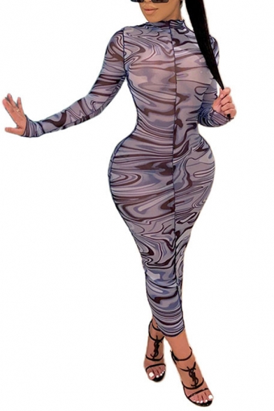 Basic Dress Womens Leopard Skin Dizzy Print Mesh Stand Collar Maxi Long Sleeve Slim Fit Pencil Dress