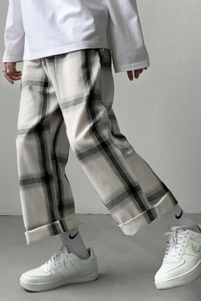 Basic Pants Mens Plaid Print Drawstring Waist Ankle Length Relaxed Fit Straight Lounge Pants