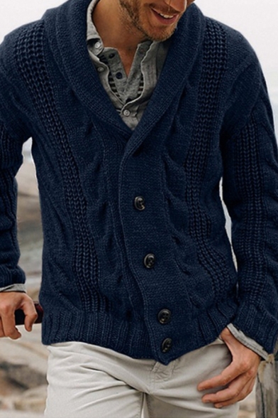 Casual Guys Cardigan Cable Knit Long Sleeve Shawl Neck Button Up Slim Fit Solid Cardigan