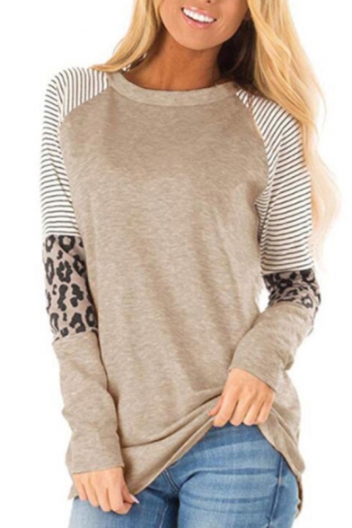 Fashion Womens T Shirt Stripe Leopard Print Long Sleeve Crew Neck Relaxed Tee Top