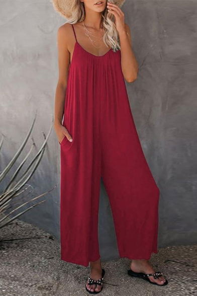 Lutratocro Womens Solid Spaghetti Strap Backless Button Bowkont Wide Leg Jumpsuits 