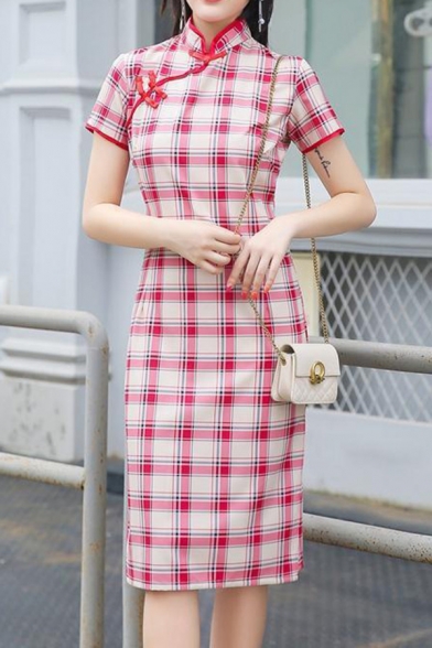 Ladies Pretty Dress Checkered Print Frog Button Short Sleeve Mandarin Collar Mid Shift Dress
