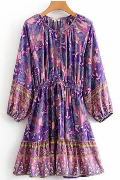 Leisure Womens Dress Floral Patterned Long Sleeve Crew Neck Drawstring Waist Short A-line Dress in Purple