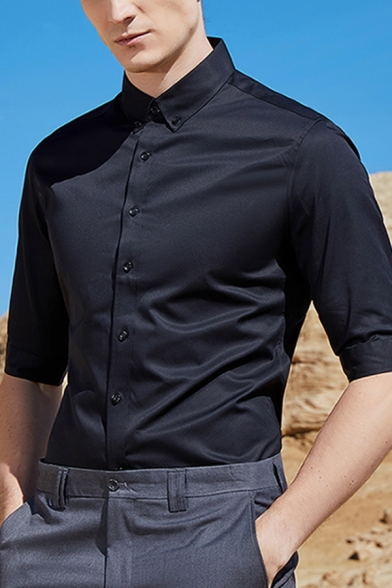 Mens Business Shirt Stylish Plain Color Button up Button-down Collar Slim Fit Half Sleeve Shirt