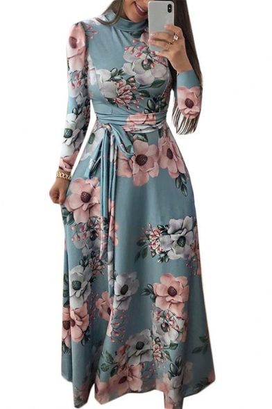 Popular Womens Dress Flower Print Short Sleeve Mock Neck Bow-tied Waist Mid A-line Dress