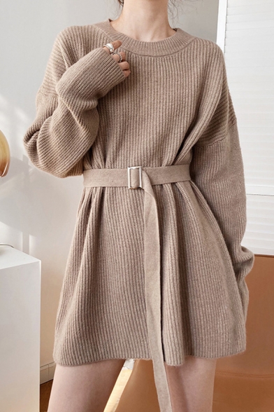 Popular Womens Dress Knit Long Sleeve Crew Neck Tied Waist Short Relaxed Sweater Plain Dress