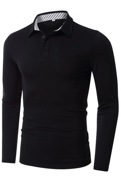 Trendy Mens Polo Shirt Solid Color Turn-down Collar Button Detail Long Sleeve Slim Fit Polo Shirt