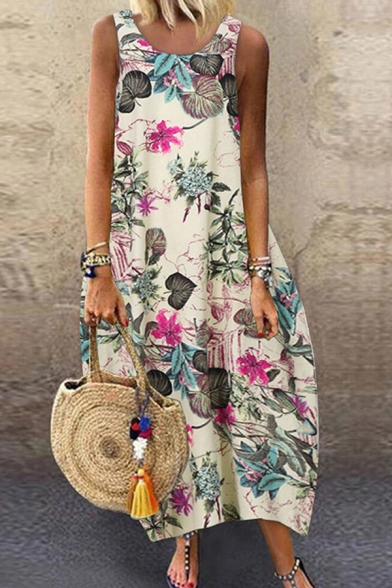 Trendy Womens Dress Floral Print Relaxed Fit Long Sleeve Round Neck Maxi Sleeveless Swing Dress