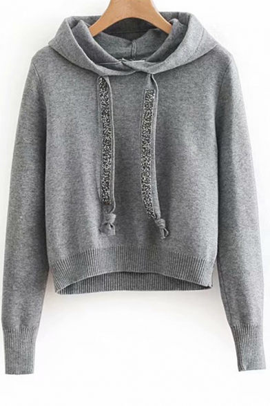 Womens Hoodie Stylish Solid Color Glitter-Drawstring Relaxed Fit Long Sleeve Knitted Hoodie