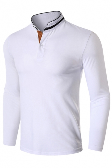 Basic Polo Shirt Mens Contrast Panel Button Detail Long Sleeve Stand Collar Slim Fit Polo Shirt