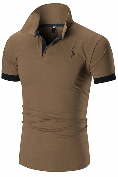 Chic Mens Polo Shirt Giraffe Pattern Contrast Trim Turn-down Collar Button Detail Short Sleeve Slim Fit Polo Shirt
