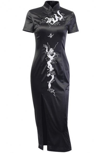 Chic Womens Dress Dragon Print Short Sleeve Mandarin Collar Frog Button Slit Mid Sheath Dress in Black