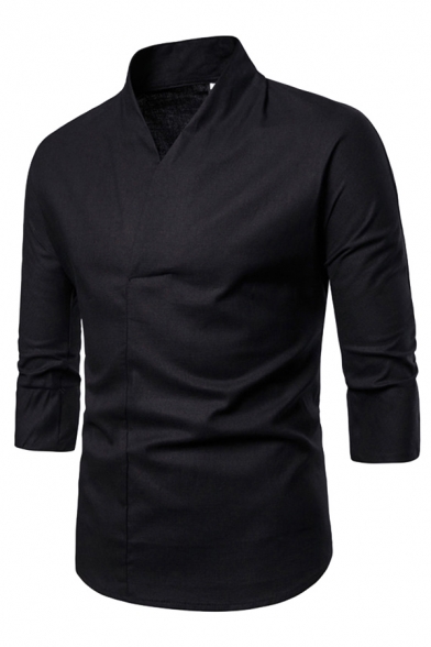 Classic Mens Tee Shirt Plain Color Linen V Collar Half Sleeve Slim Fit T-Shirt