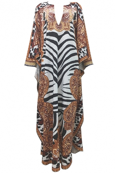 Fashionable Womens Dress Zebra Leopard Skin Print Deep V Neck Long Sleeve Maxi Loose Fit Robe Dress