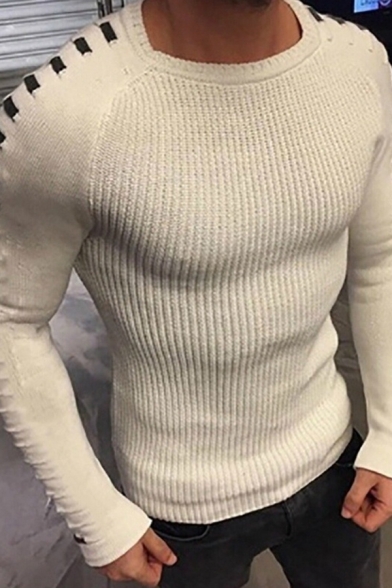 Simple Mens Sweater Ripped Knitted Long Sleeve Crew Neck Slim Fit Pullover Sweater