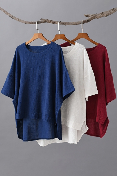 Simple Womens T Shirt Linen and Cotton 3/4 Sleeve Crew Neck Loose Fit Plain Tee Top