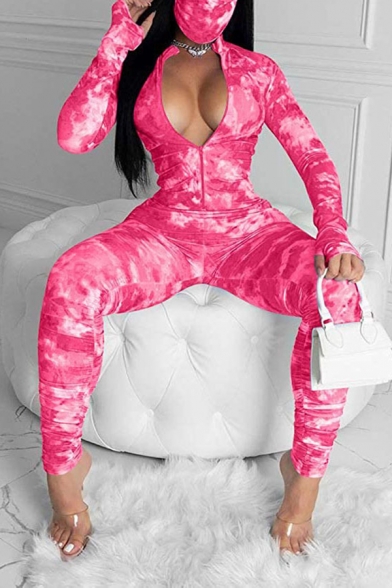 Trendy Womens Jumpsuit Tie Dye Zipper Front Long Sleeve Stand Collar Slim Fitted Jumpsuit