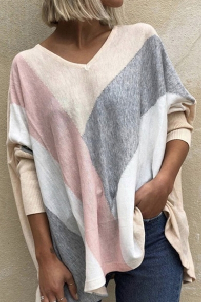 Womens T-Shirt Stylish Color Block Panel V Neck Long Sleeve Relaxed Fit T-Shirt