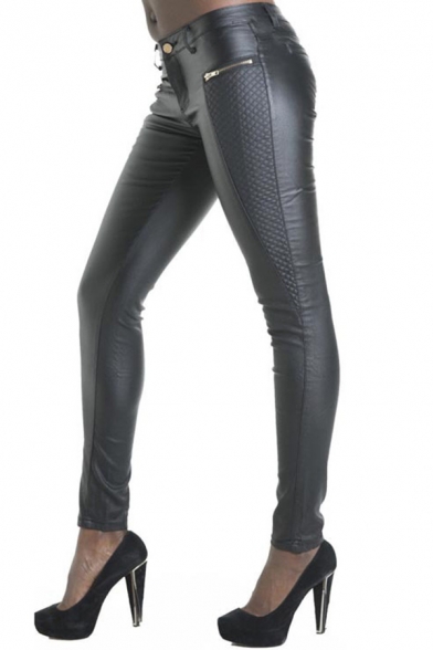 Black Cool Pants PU Leather Mid Waist Ankle Length Skinny Pants for Girls