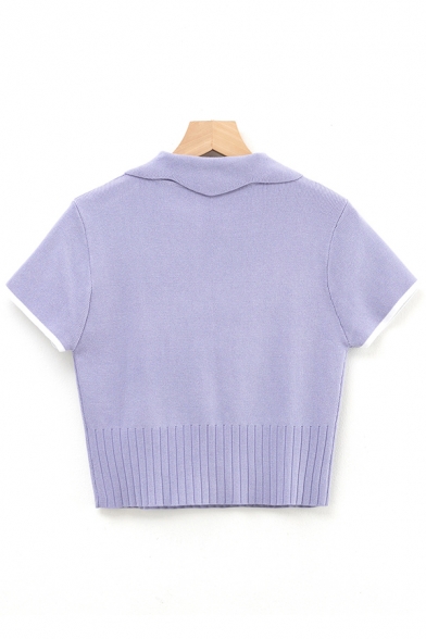 Chic Womens Sweater Contrast-Cuff Doll Collar Short Sleeve Slim Fitted Sweater