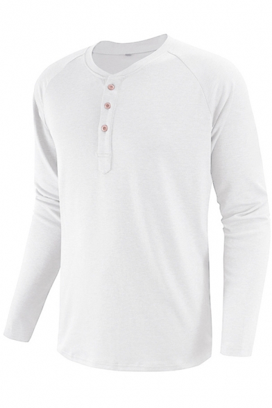 Fashionable Mens Tee Shirt Plain Color Raglan Slim Fit Long Sleeve Henley Neck Tee Shirt