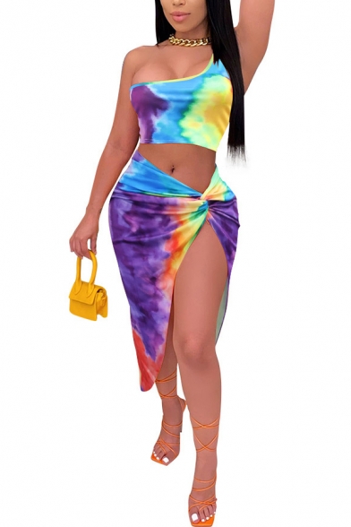 Fashionable Womens Co-ords Tie Dye Twist Front Midi Slit Skirt Cropped One-Strap Tank Top Set