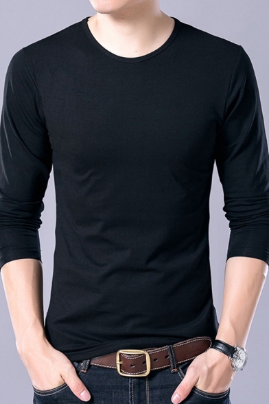Guys Classic T Shirt Solid Color Long Sleeve Crew Neck Slim Fitted Tee Top