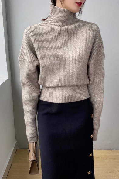 Ladies Stylish Sweater Solid Color Knitted Long Sleeve High Neck Relaxed Fit Pullover Sweater Top