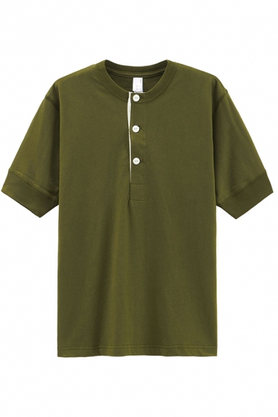 Leisure Guys Henley Tee Short Sleeve Collarless Button Up Regular Fit Henley Tee Top in Army Green