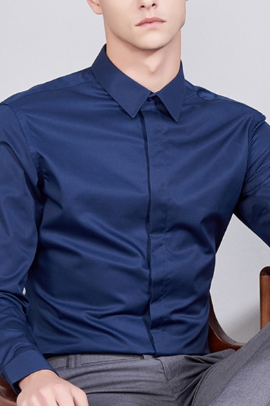 Leisure Guys Shirt Plain Long Sleeve Spread Collar Button Up Slim Fitted Shirt Top