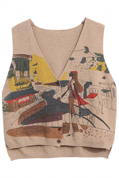 Leisure Womens Vest Cartoon Print Sleeveless Button Up Relaxed Fit Knit Vest