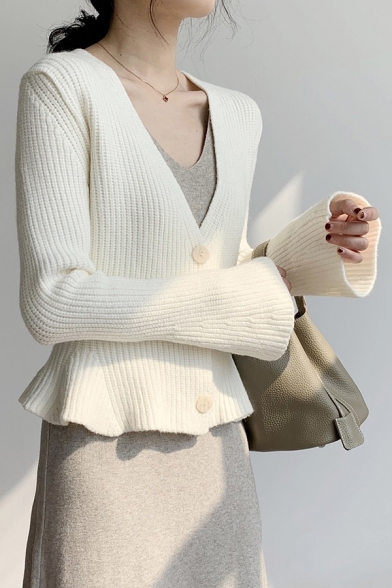 Pretty Ladies Cardigan Knit Bell Sleeve Deep V-neck Button Up Slim Fit Cardigan