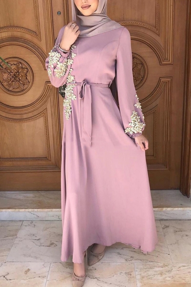 Womens Arabic Dress Applique Decoration Long Sleeve Crew Neck Bow-tied Waist Maxi A-line Dress
