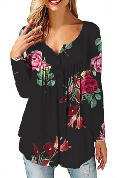 Casual Tee Top Flower Printed Long Sleeve Round Neck Button Up Loose Fit Tee Top for Women